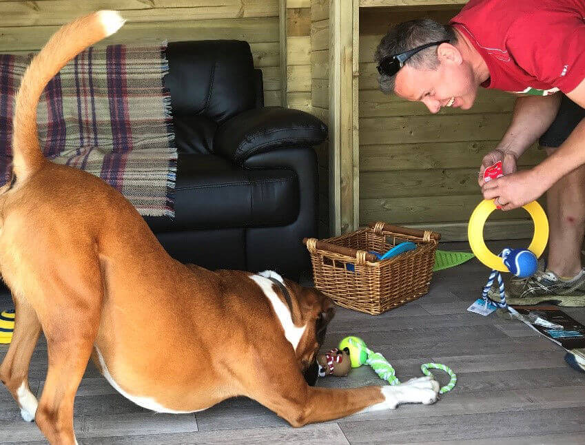 Photo of owner Scott with his dog Oscar at Green Meadow Dog Day Care